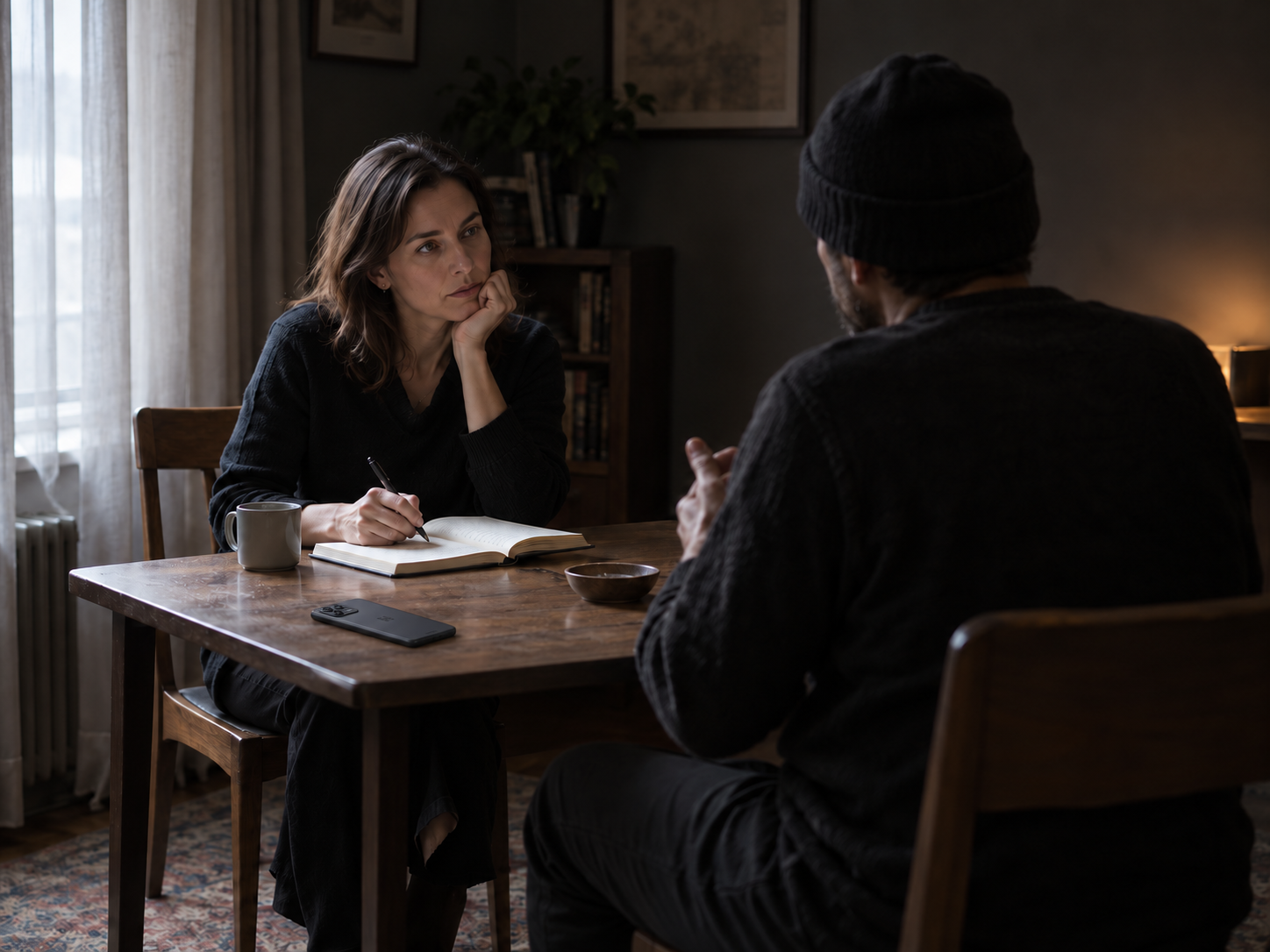 Illustrative scene of a journalist and source in a dimly lit private interview